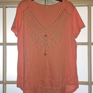 Reba Coral Short-Sleeve V-Neck Top with Stud Accents